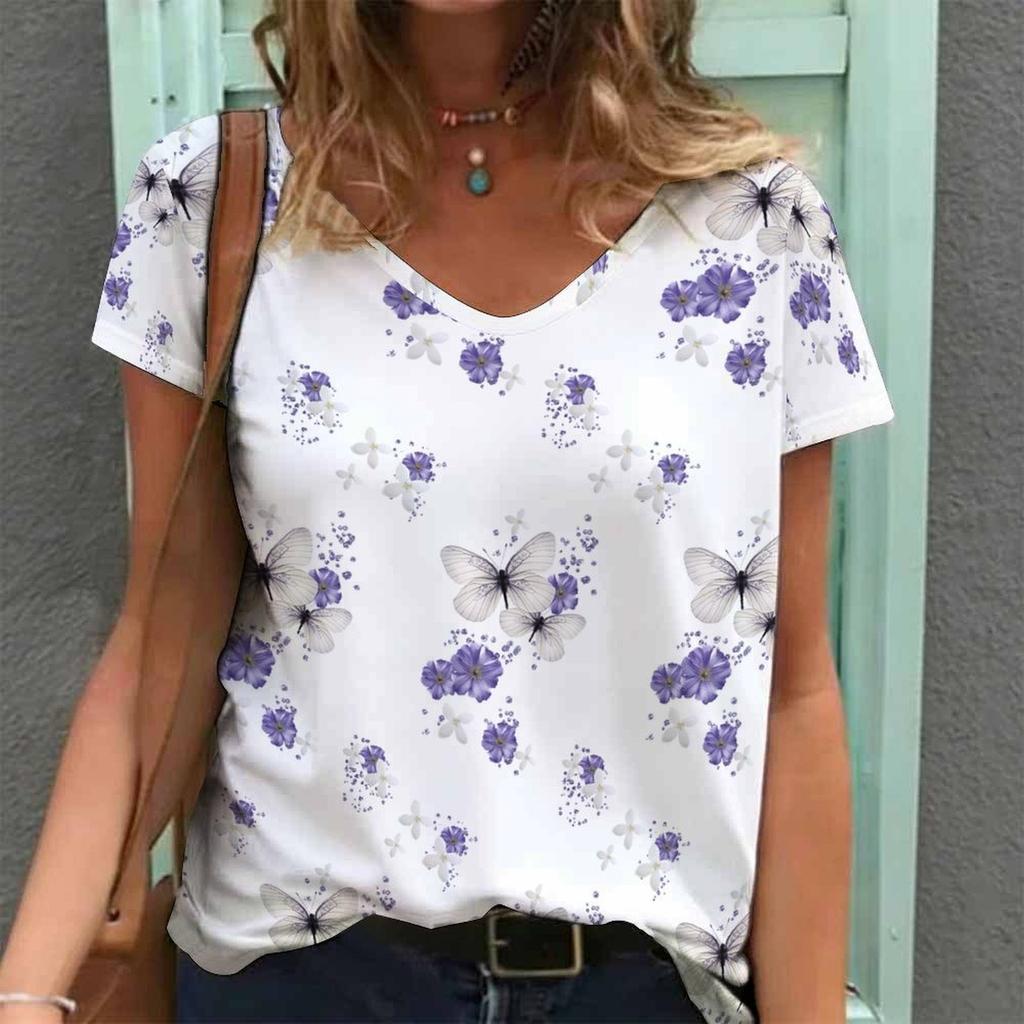 Top Tunica Casual Larghi da Donna con Stampa e Scollo a V a Maniche Corte