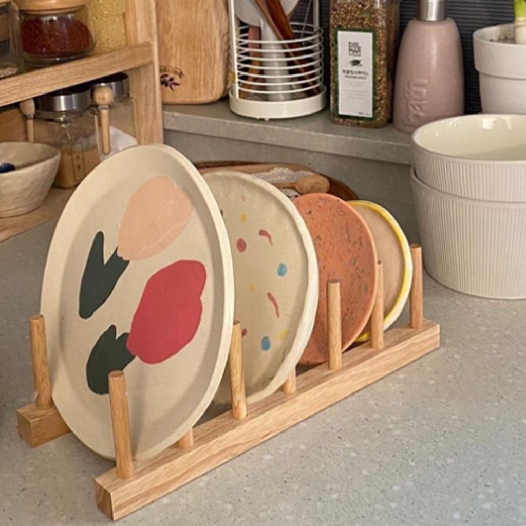Vertical Wooden Dish Drying Rack 6 Grids Pine Wood Dish Drying Rack with Stable Base for Cups Cutting Boards