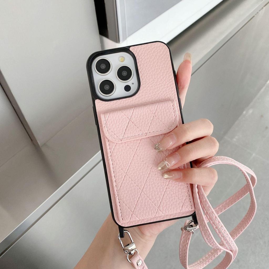 Lychee Pattern Crossbody Card Holder Case for iPhone 14 Pro Max, 15, and 16 Pro