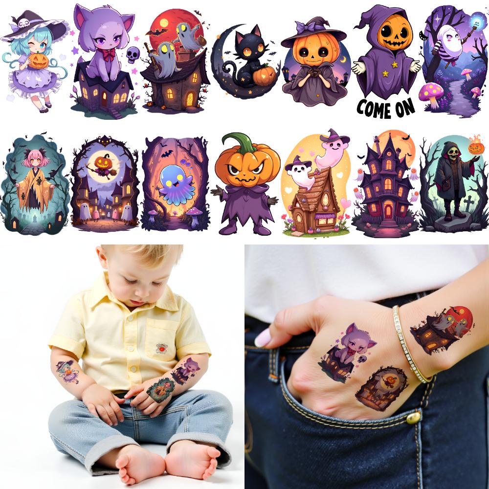 63pcs Halloween Temporary Tattoos Ghost Candy Pumpkin Bat Body Sticker Adult Boys Girl Tattoo Sticker Cosplay Party Sticker Prop