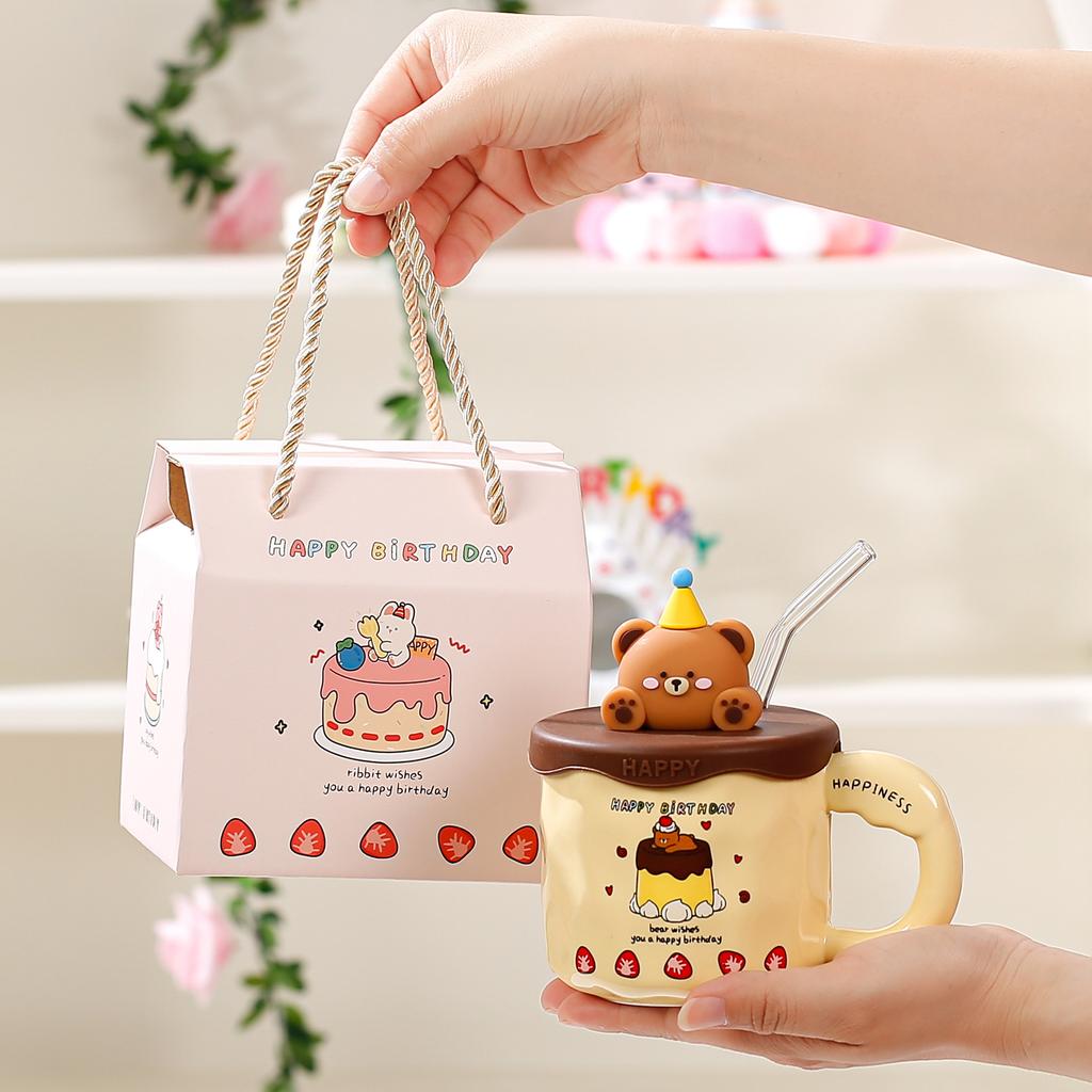 Birthday gift girls give girlfriends cartoon animal cake mug home creative water cup girl straw cup