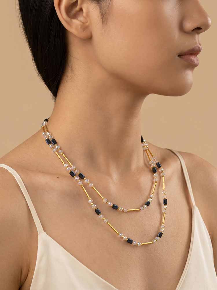 Long Blue Crystal Necklaces for Women, Layered Long Statement Necklace CZ Stone, Sweater Chain Jewelry