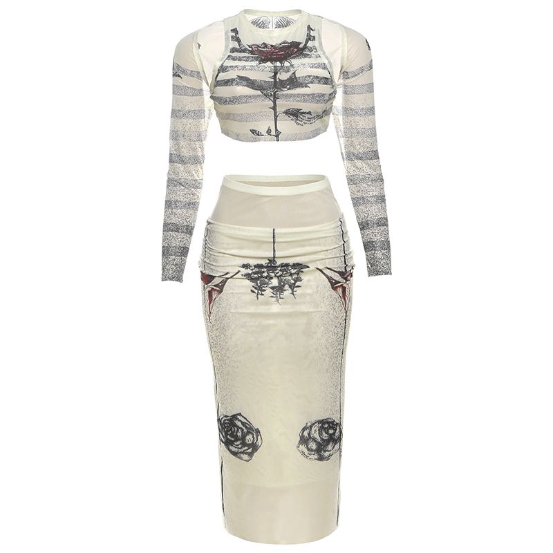 

# Sisjuly# Sexy Sub-Culture Thorn Rose Long Sleeves Vest Blouse Butterfly Print Long Dress Suit Female Summer Apricot color L