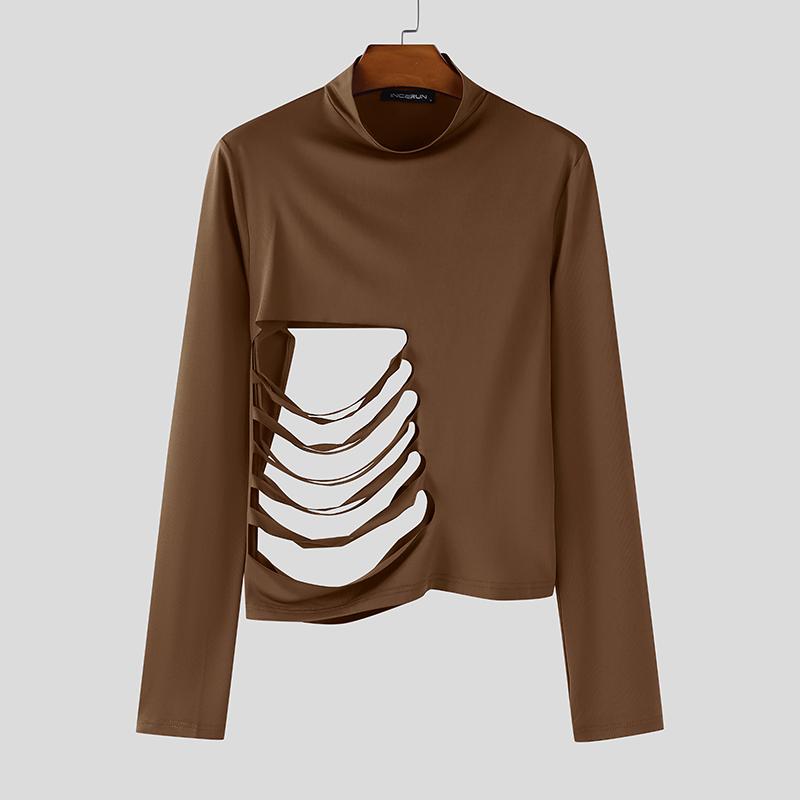 INCERUN Magliette intime casual aderenti a maniche lunghe con collo alto e cut-out con fasce da uomo