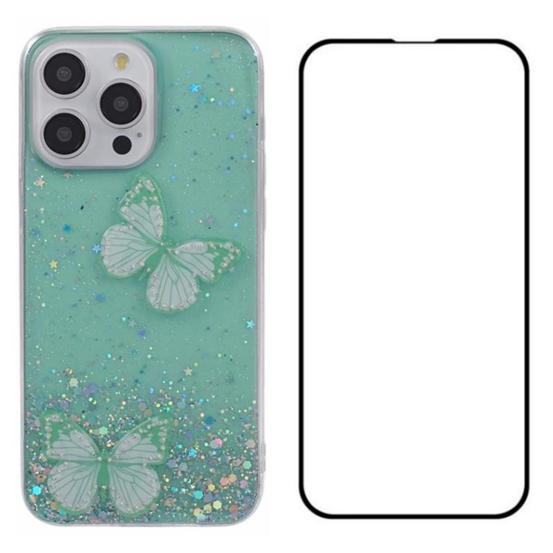 

For iPhone 12/12 Pro Case with Screen Protector 2-in-1 TPU Butterfly Phone Cover Green