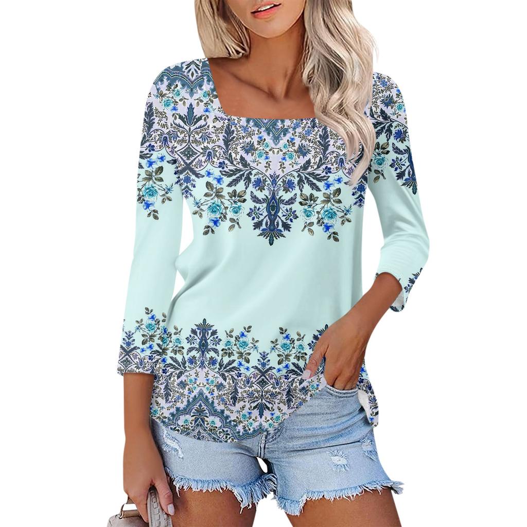 Women's 3/4 Sleeve Square Neck Floral Shirt Casual Loose Tunic Top