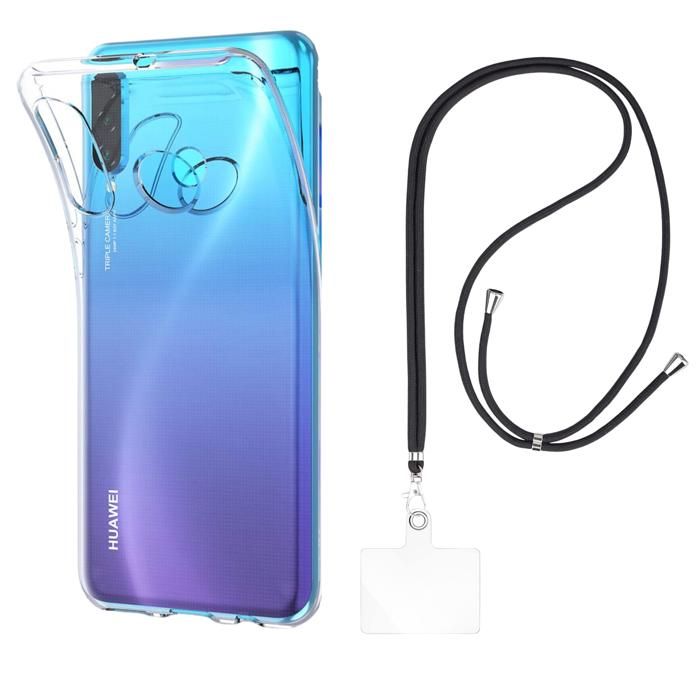 Coque et tour de cou pour Huawei P30 LITE - TPU Souple Transparent Cordon Noir réglable Phonillico®