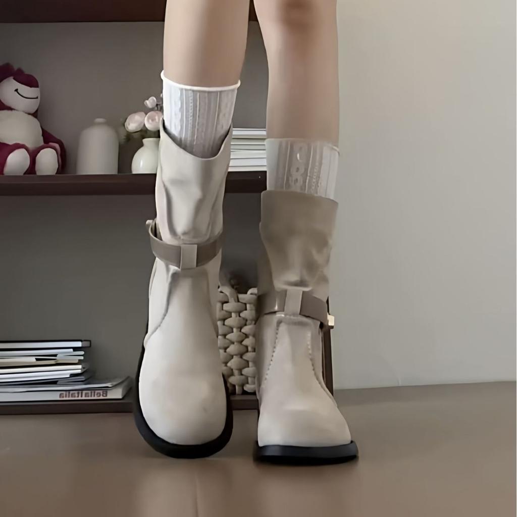 Cowhide Version~ French Metal Short Boots Retro Thick Heel Boots Children with Skirt Inner Height Increase and Thin Western Cowboy Boots