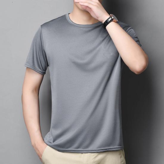Summer Men Top Ice Silk Quick-drying Short Sleeves O Neck Loose Solid Color Thin Breathable Elastic Casual Pullover Daily Sport Top