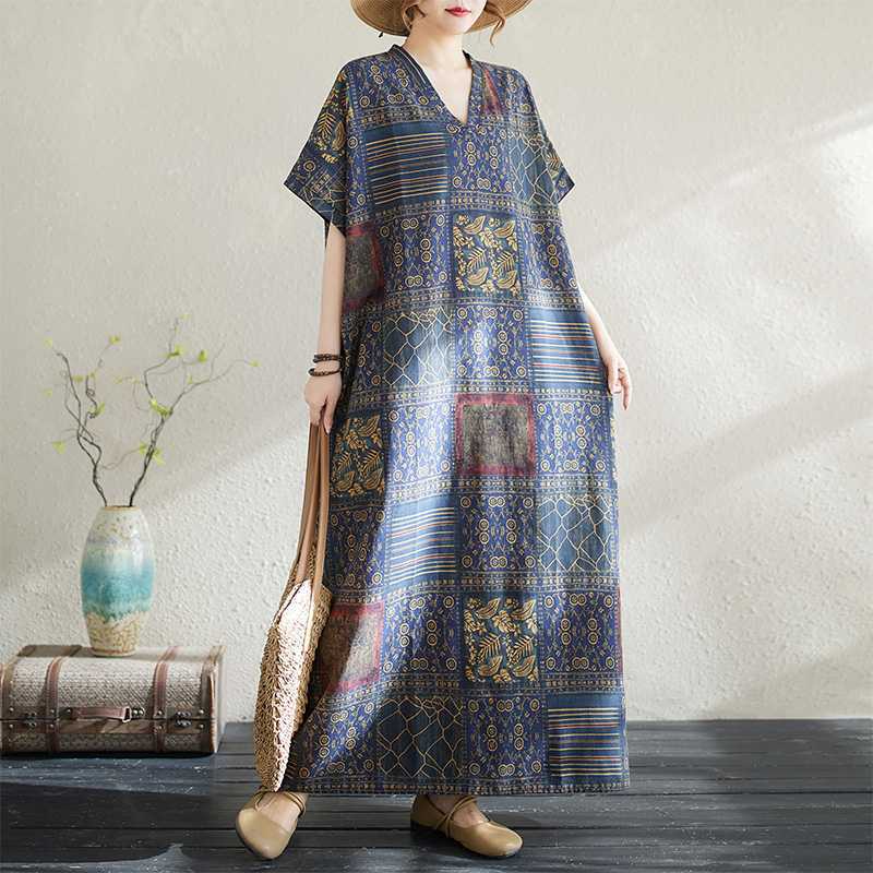 

Летнее хлопково-льняное платье с принтом, V-образным вырезом, свободного кроя, простое, длинное One size тёмно-синий