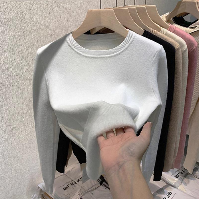 Warm and thickened integrated fleece sweater knitted sweater round neck lazy front shoulder design top new in autumn and winter