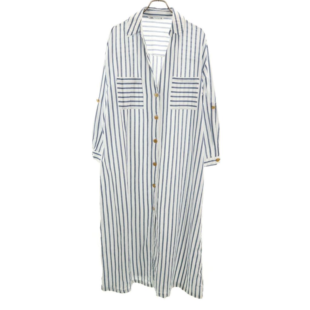 Zara Linen Blend Stripe Long Sleeve Skipper Long Shirt Dress XXL Women Used