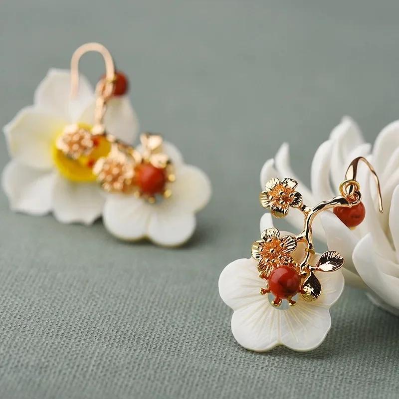 Vintage Flower Natural Stone Earrings for Women Girl Ethnic Style Gold Earrings Jewelry Accessories Birthday Gifts Earrings