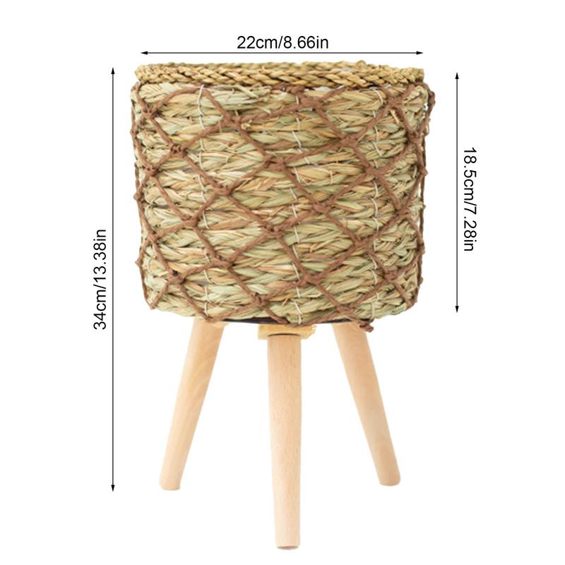 Woven Plant Stand With Legs Elevated Plant Stand With Plant Basket Wooden Round Table Handmade Plant Pot Holder For Flower Pots