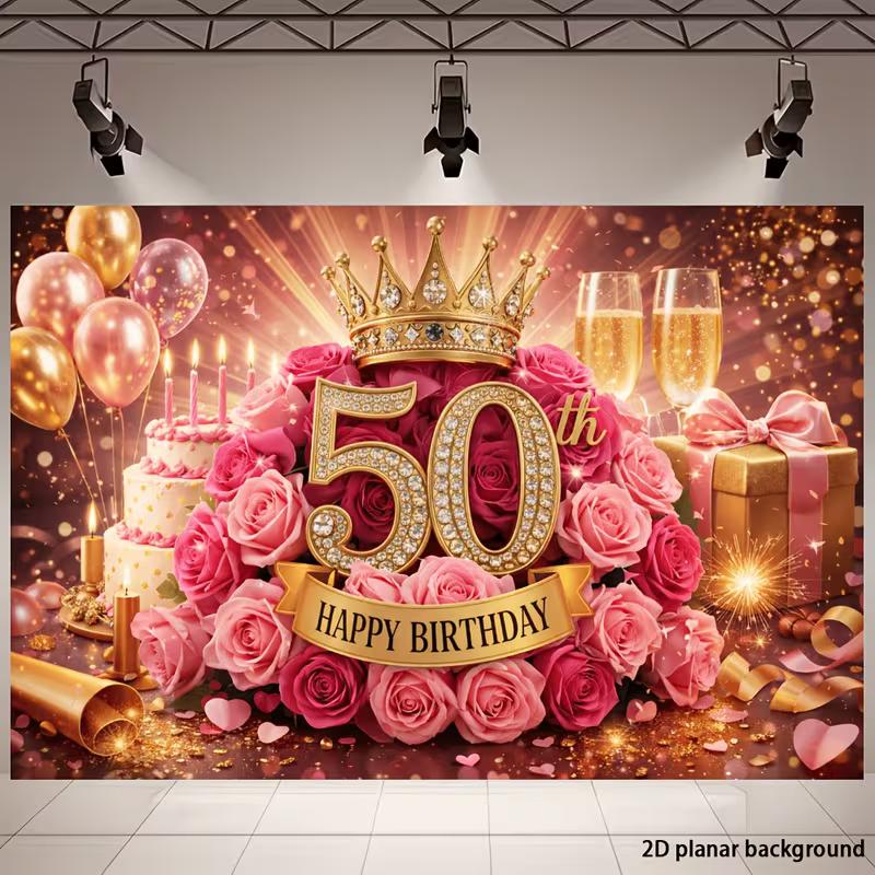 2D 40th Birthday Party Backdrop Rose Gold Balloons and Confetti Photo Background