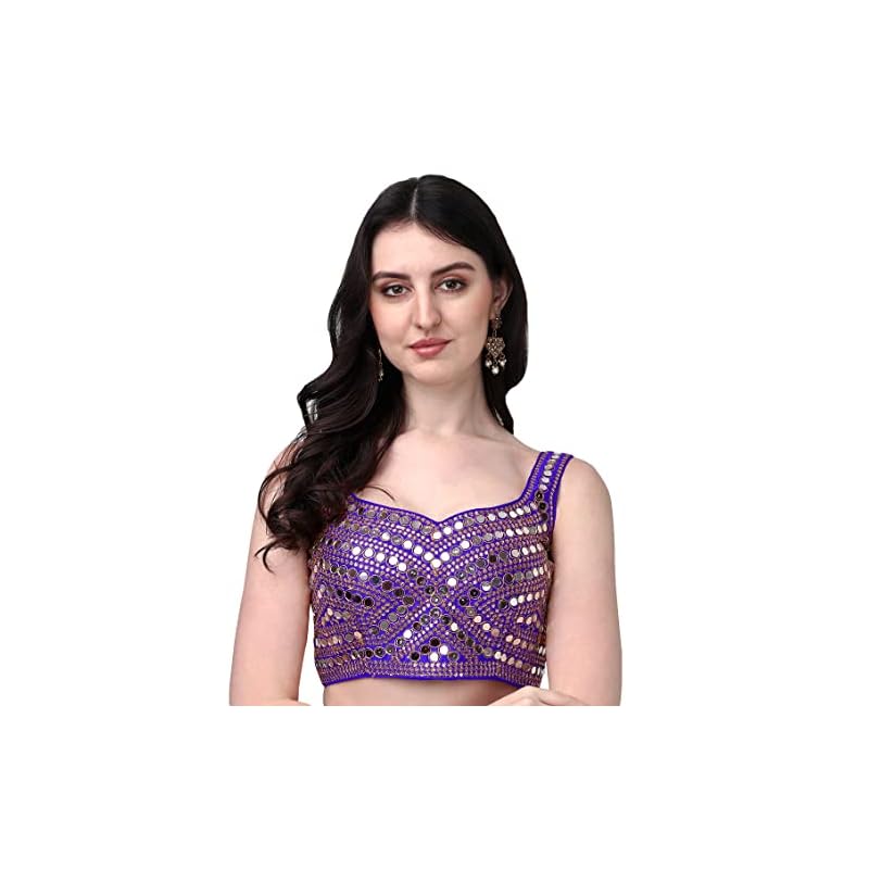 Pujia Mills Women'S Embroidery Work Real Mirror Sleeveless Readymade Blouse Royal Blue Color (V-Mirror_Royal Blue_32)