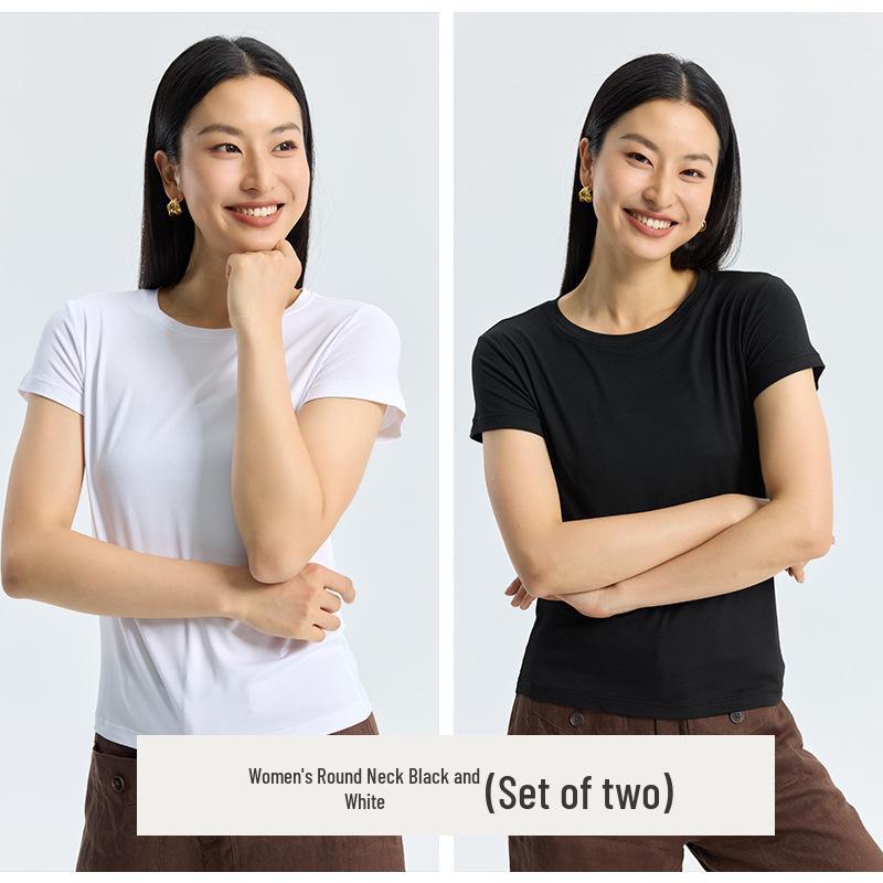 Women s Classic Round Neck Short Sleeve T-shirt Set Small чёрный/белый
