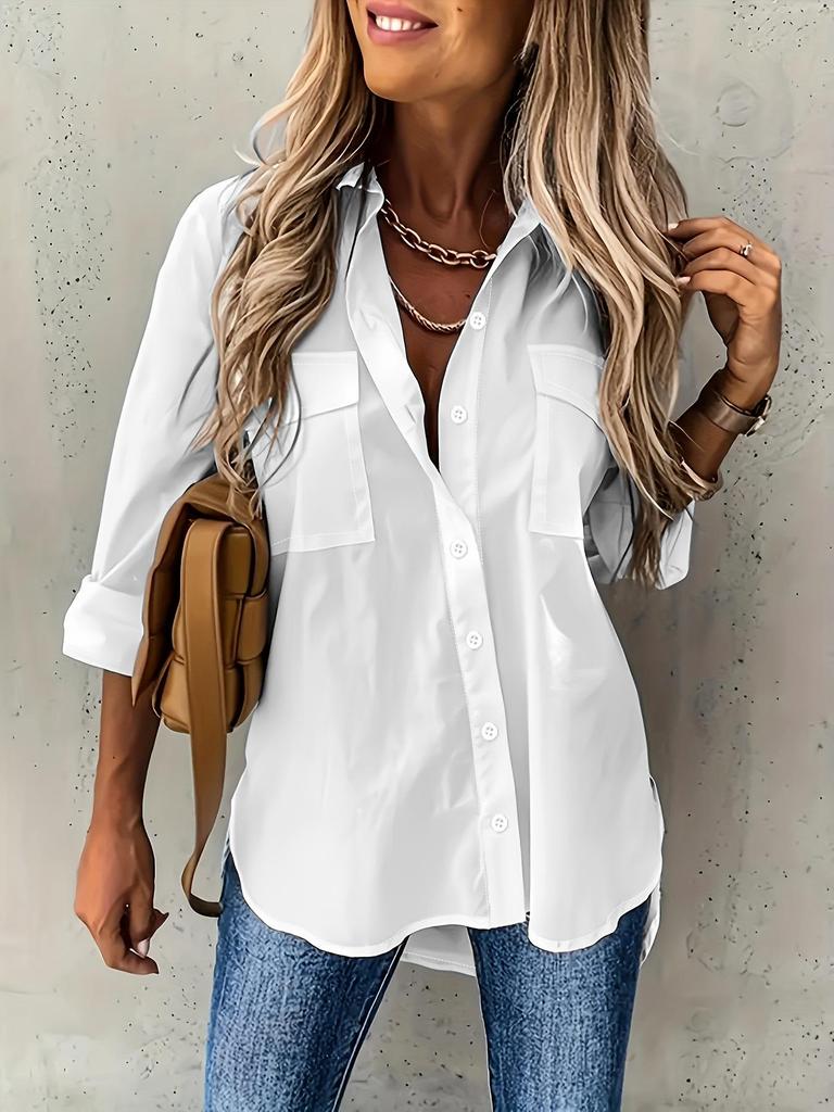 Summer Button Front Long Sleeve Shirt Casual Solid Office Shirt With Collar Loose Shirt White Tops Office Lady Blouses