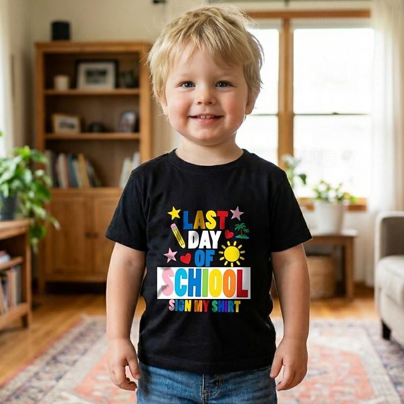 Kids Boys  Black Graphic Letter T shirt Blouse Crew Neck Short Sleeve 110cm