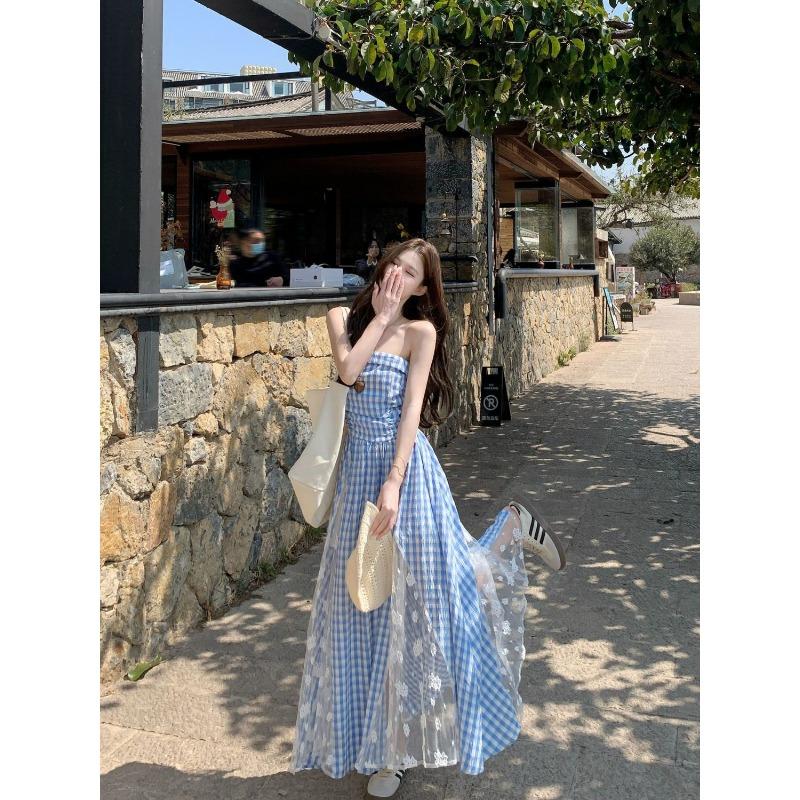 Women's Summer Blue Gingham Strapless Maxi Dress Lace Hem Beach Vacation Dresses