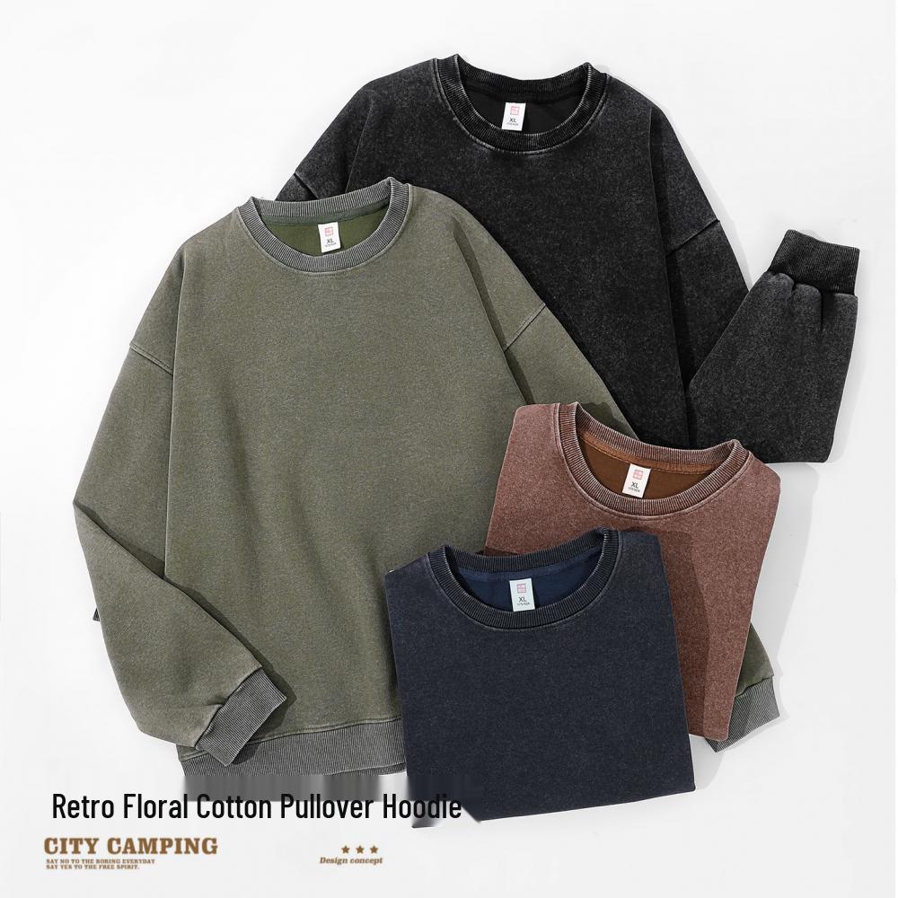 Women's 2026 Vintage Style Heavyweight Washed Hoodie - Loose Fit, Drop Shoulder, Round Neck, Long Sleeve, Solid Color.