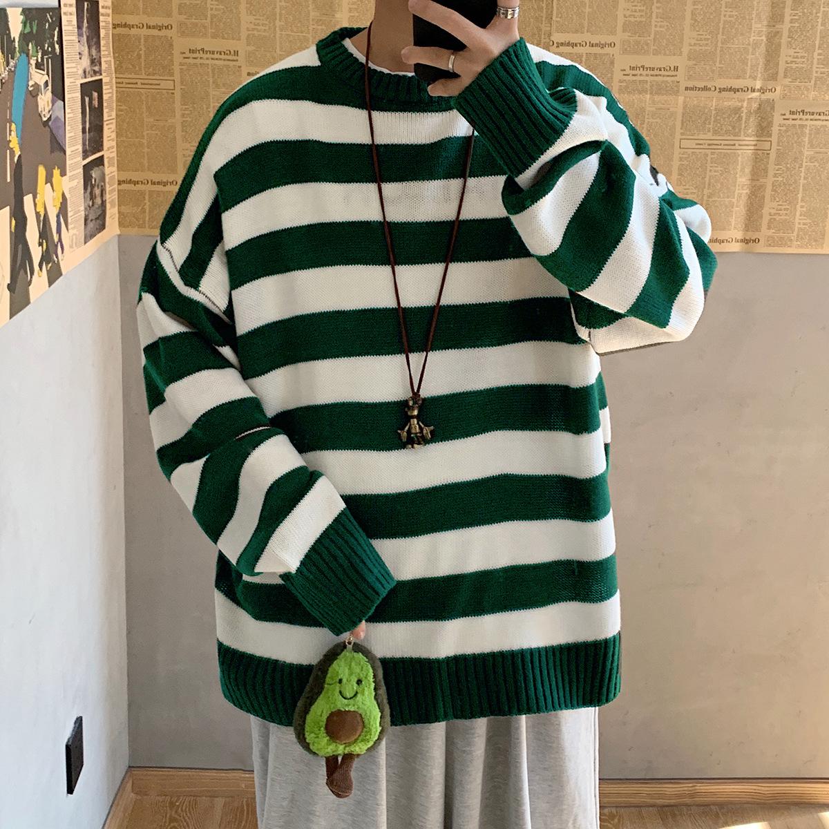 

Осенне-зимний мужской повседневный модный полосатый свитер, свободный вязаный свитер с круглым вырезом для пар XL зелёный/белый
