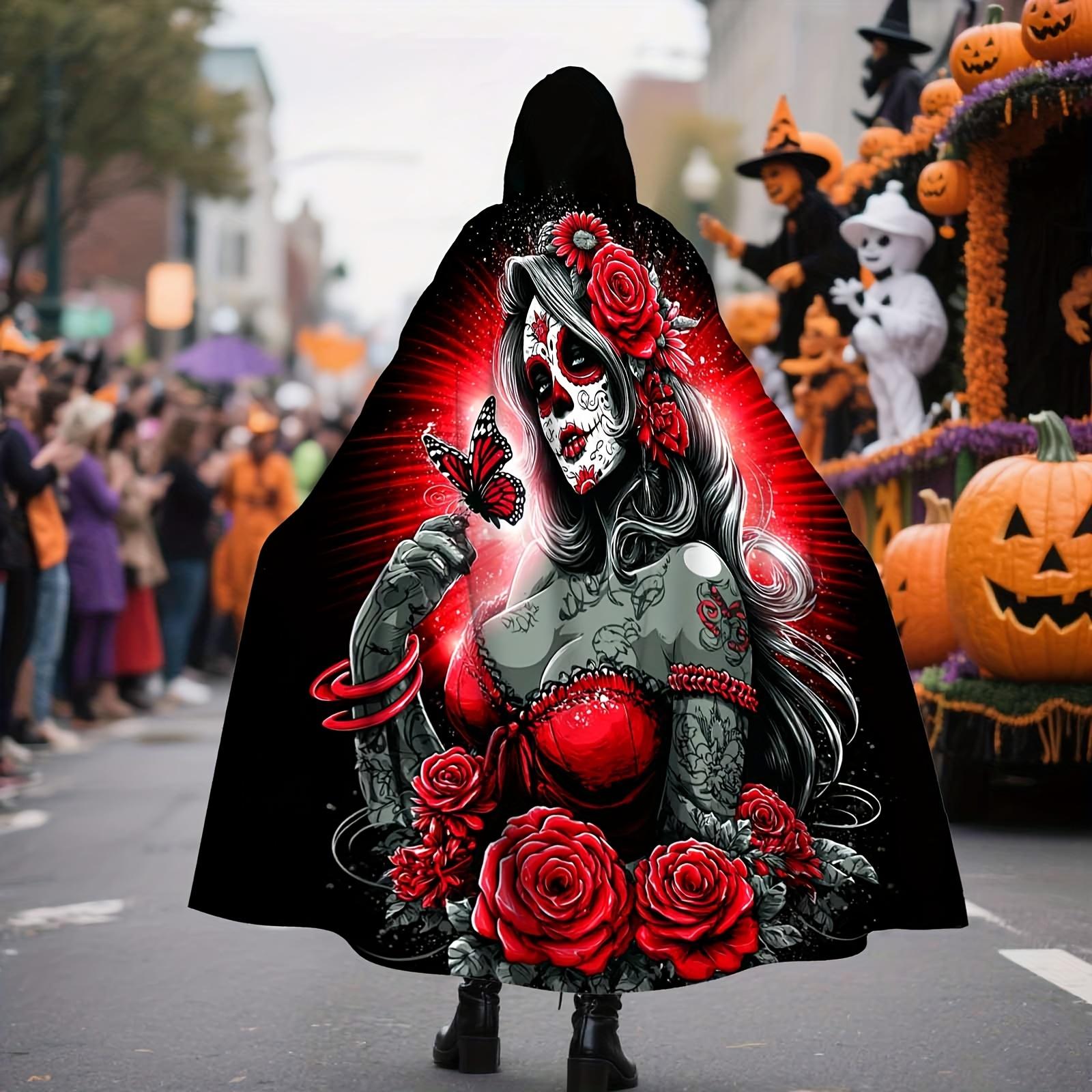 

1 шт. Полиэстеровый плащ с капюшоном в винтажном стиле с сахарным черепом, красными розами и цветочным принтом - костюм на Хэллоуин для взрослых ведьм One Size