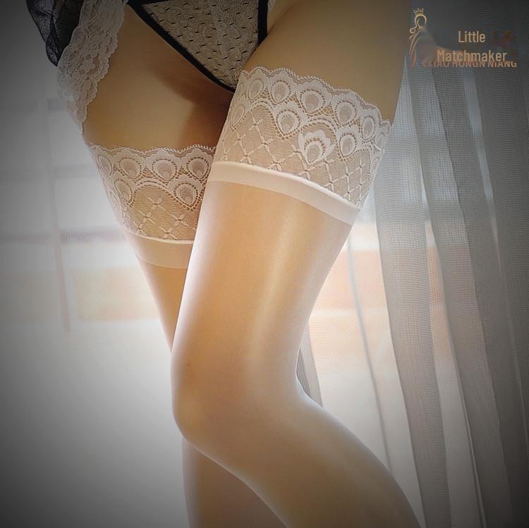 Silicone Non-Slip Shiny Lace Over-the-Knee Stockings - Sexy Black Silk