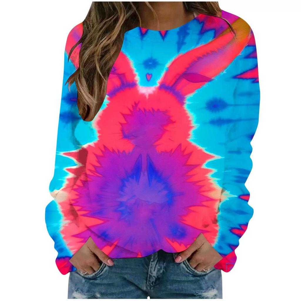 Round Neck 3D Tie Dye Rabbit Printed Top Fashionable Casual Long Sleeved Women's T-shirts