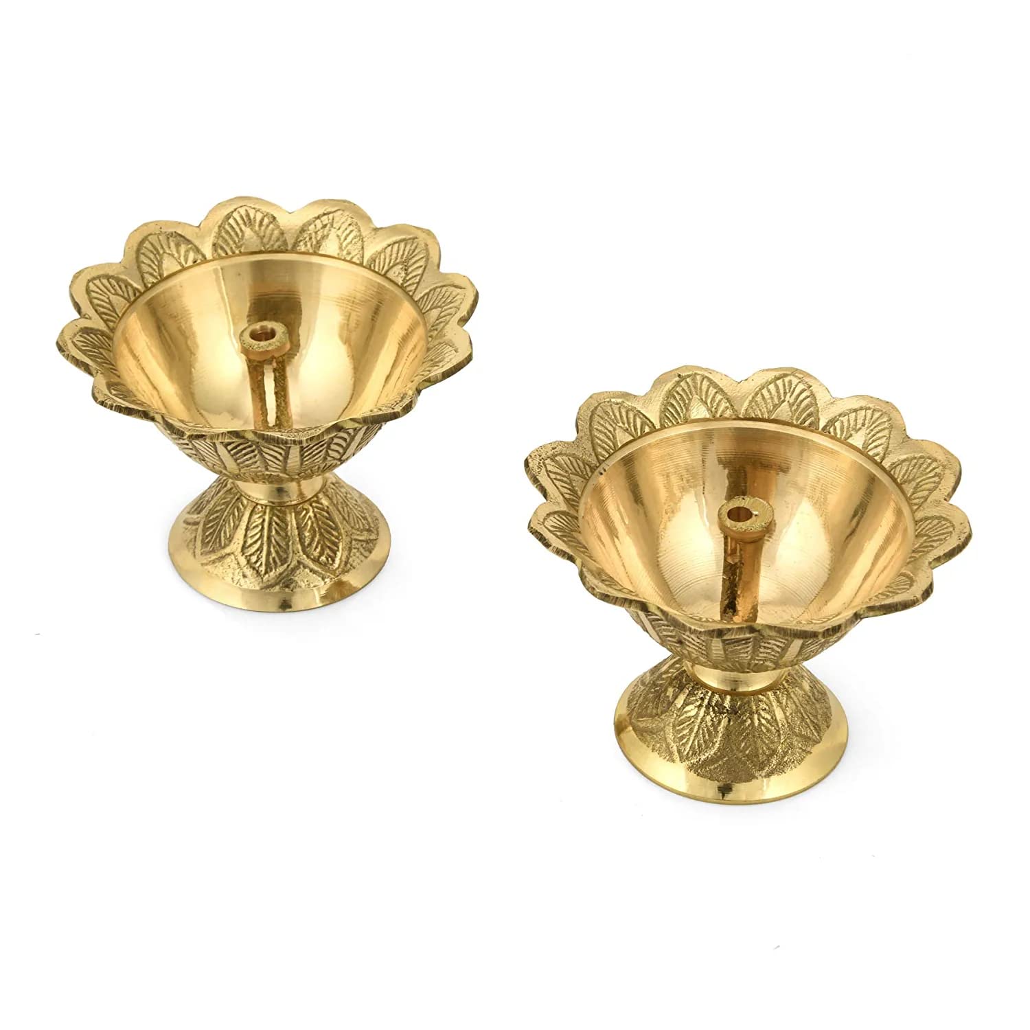 Set of 2 Brass Devdas Diya Oil Puja Lamp Engraved Design Dia for Home Office Festival Puja Gifts Decor (2 Pcs)