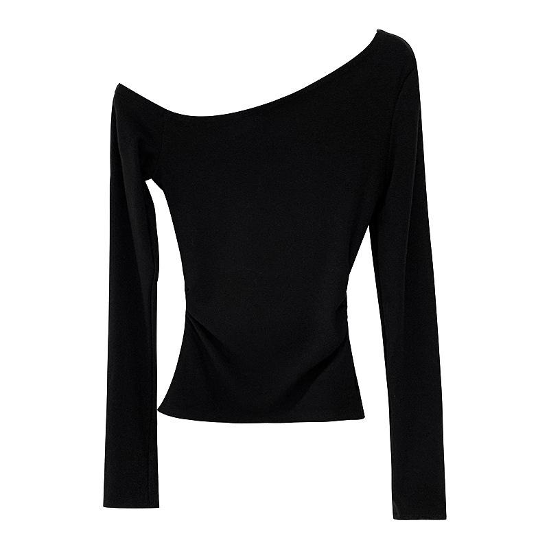 Black Long-Sleeve Off-Shoulder Top – Sexy Autumn Clavicle Design