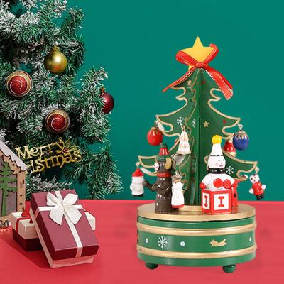 Wooden Christmas Tree Music Box Rotating Music Box Holiday Desktop Figurine for Living