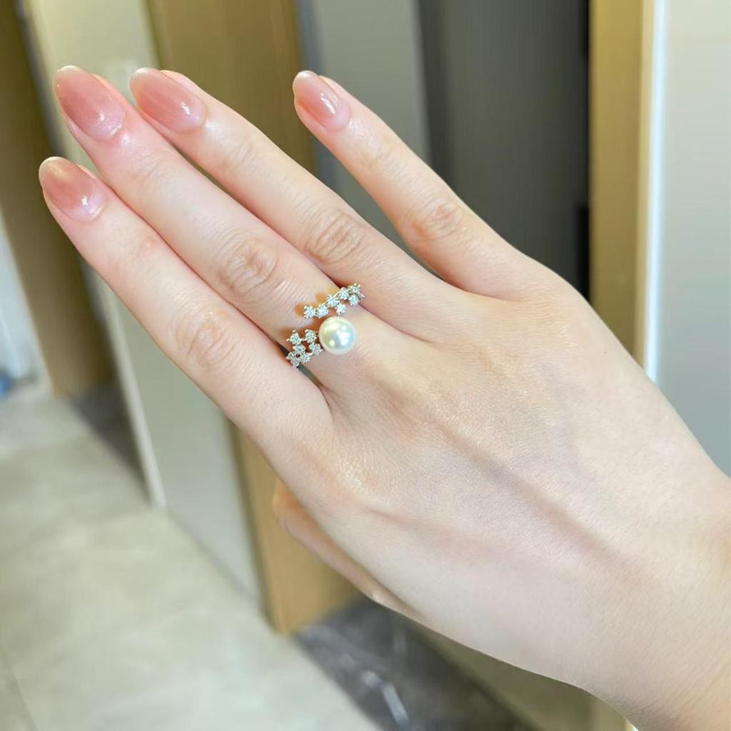 Natural Freshwater Pearl Ring, Fashionable and Versatile. Zircon Starry Opening with Adjustable Pearls