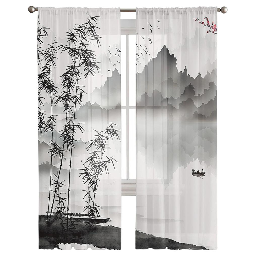 Chinese Ink Landscape Painting Bamboo Sheer Voile Curtains For Bedroom Living Room Kitchen Decor Chiffon Tulle Windows Curtain
