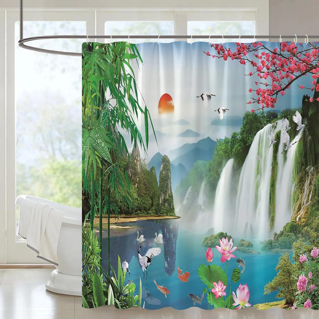 Mountain Forest Streams Natural Landscape Shower Curtain Set Waterfall Scenery View Plant Orchid Printing Bathroom Decor Curtain