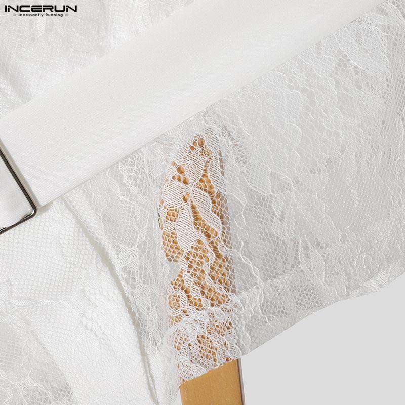 INCERUN Men Long Sleeve Splicing Lace See Through Mesh Sheer Suit Party Blazer