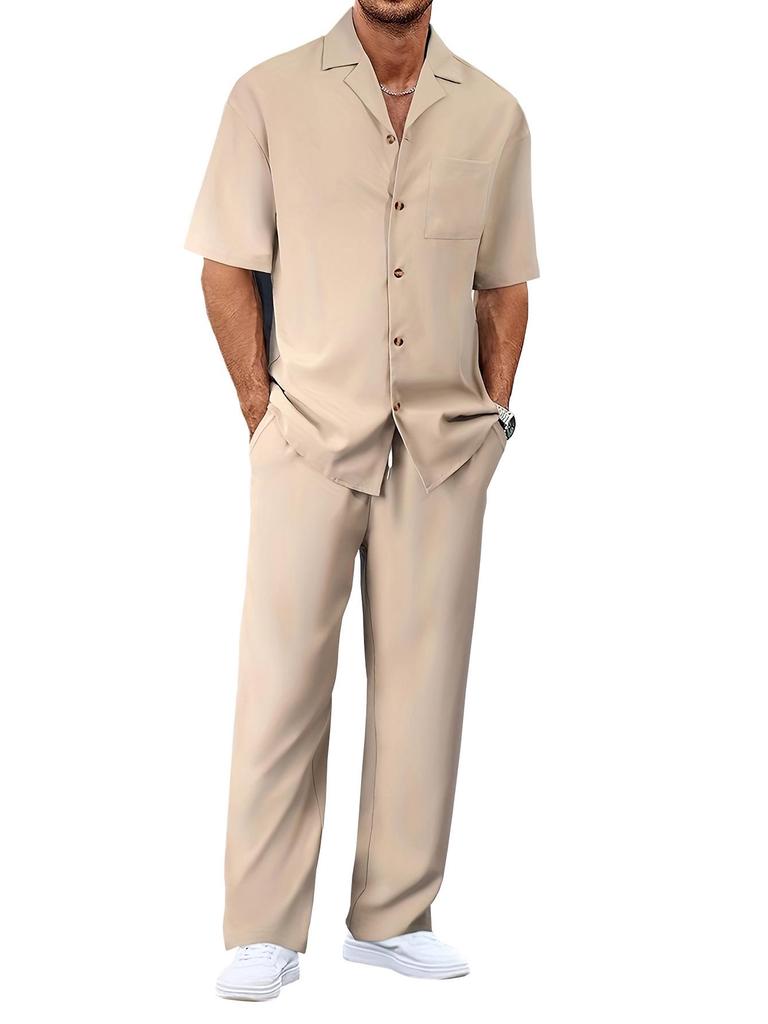 2025 Men's Casual Trendy Set: Turn-Down Collar, Short Sleeves & Long Pants