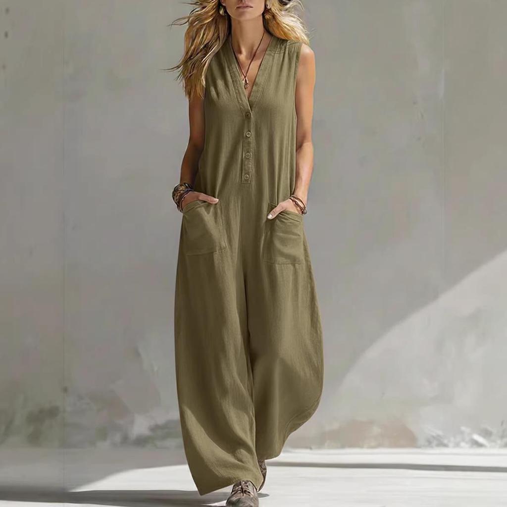 Women's Spring/Summer Sleeveless Jumpsuit - Casual Linen Cotton, European & American Style