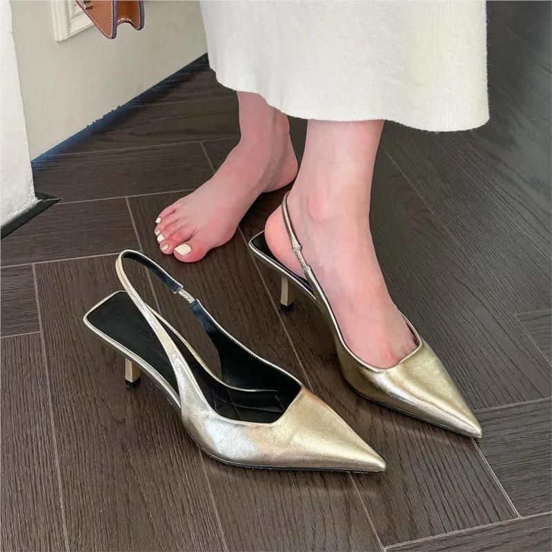 New Women's Sandals Pointed Toe Slingbacks Gold High Heels Dress Shoes Silver Pumps  Summer Wedding Shoe  Mujer