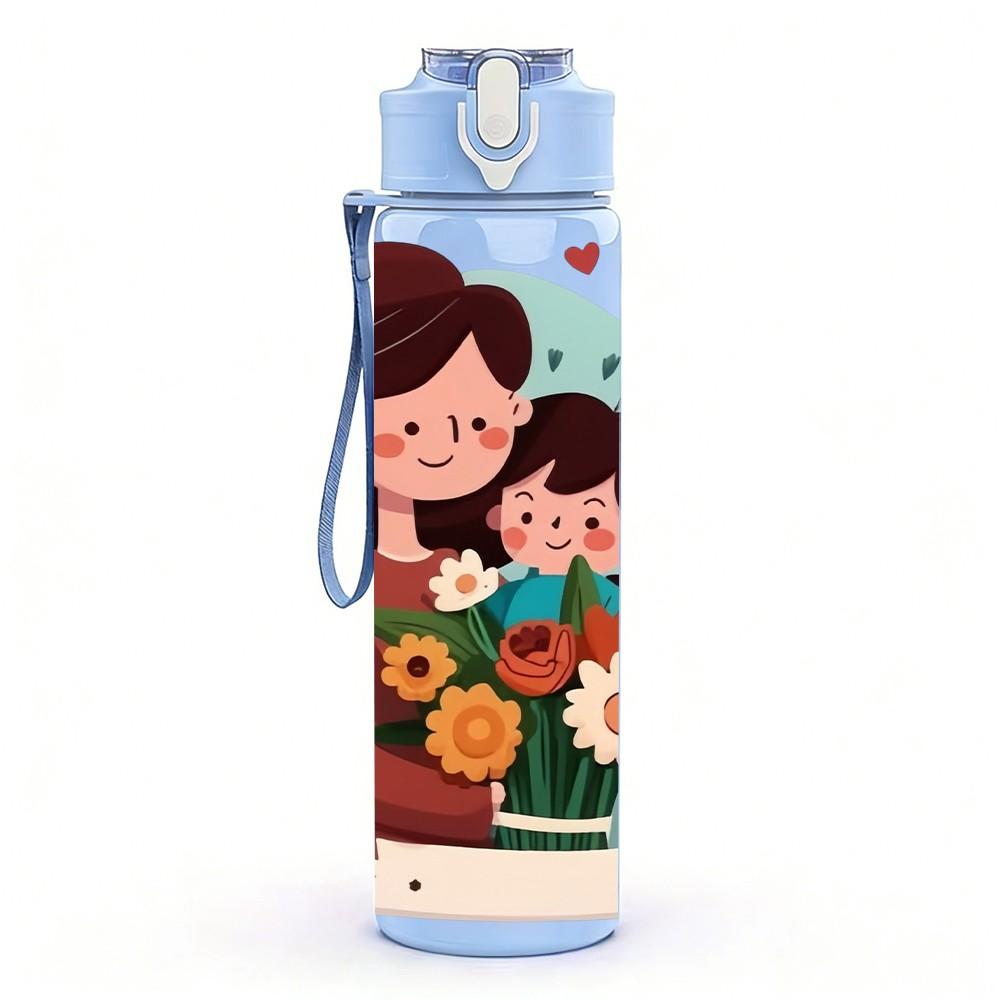1PC Mom Kid Flower Bouquet Warm Cartoon Print 750ml Color Plastic Sports Water Bottle Leakproof Flip Straw Lid Suitable for Sports Office Home Use