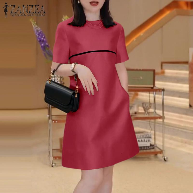 ZANZEA Women Casual Round Neck Summer Short Sleeve Elegant Dress