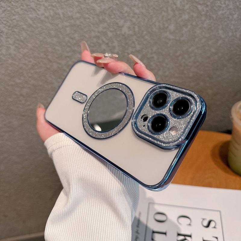 New Apple 16 mobile phone case iPhone15promax electroplated flash diamond lens 14 mirror glitter magnetic suction soft cover