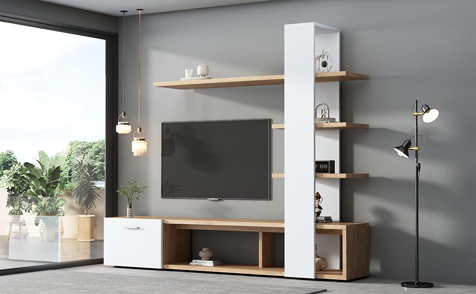 Woonkamerkast, Woonkamermeubelset 180 x 33,5 x 151,5 cm, Geschikt voor TV's onder 60 inch, Moderne Eiken Wit TV-meubel, TV Wandmeubel Set