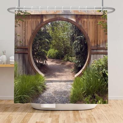 Natural Garden Landscape Shower Curtain with Rustic Round Wooden Door, Green Botany Leaves Farmhouse Style Bathroom Set