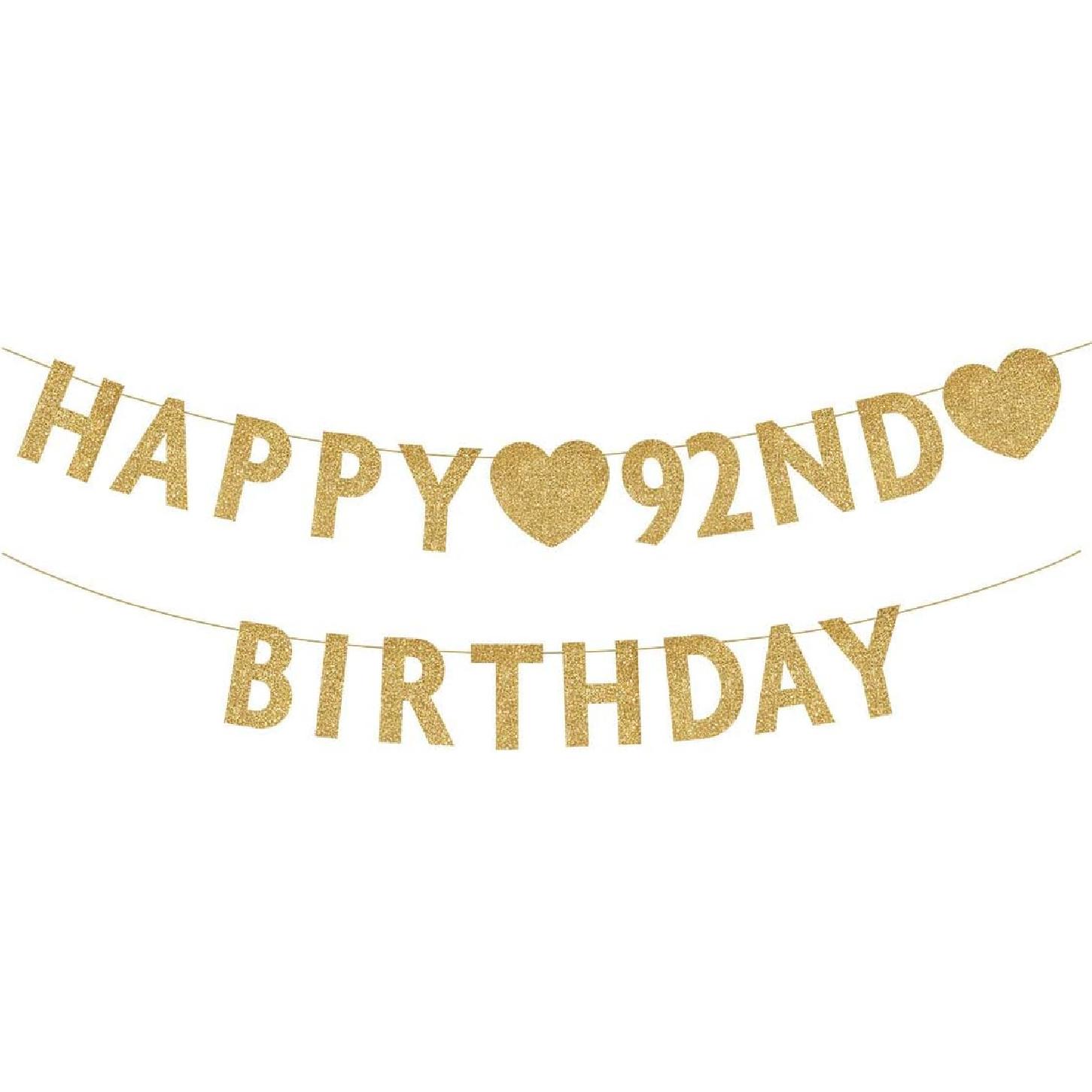 Gold 92 Year Loved Banner, Gold Glitter Happy 92nd Birthday Party Decorations, Supplies GOLD-HAPPY