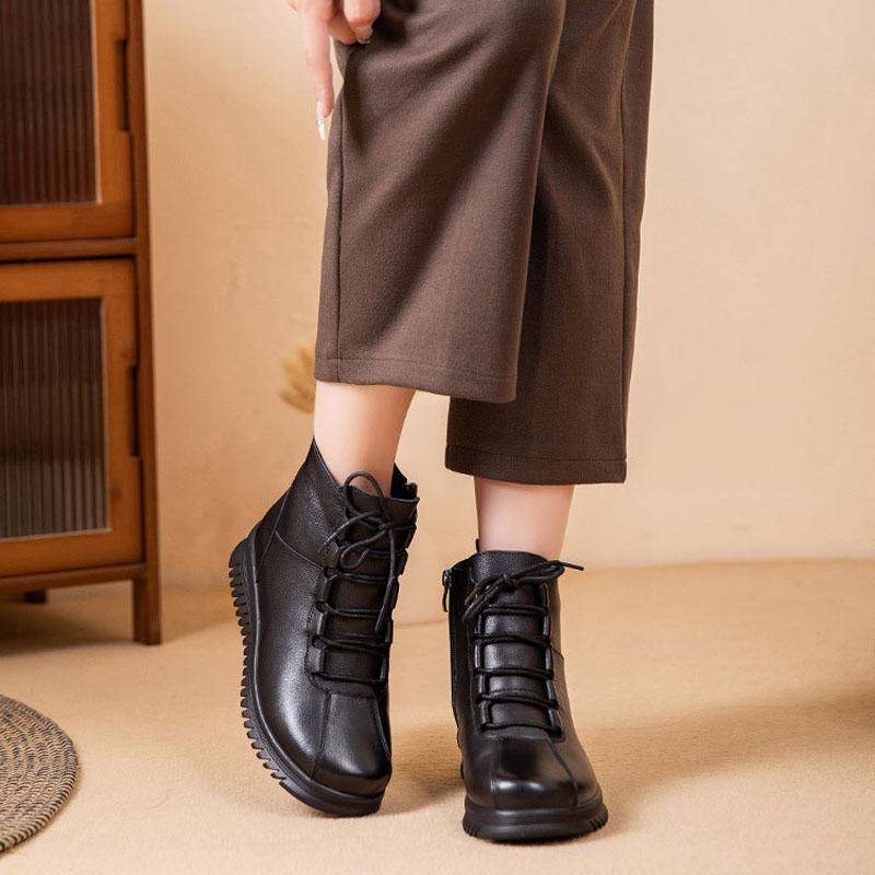 New Cow Genuine Leather Snow Boots Women Ankle Booties Platform Wedge Winter Plush Short Boots Mother Shoes for Women