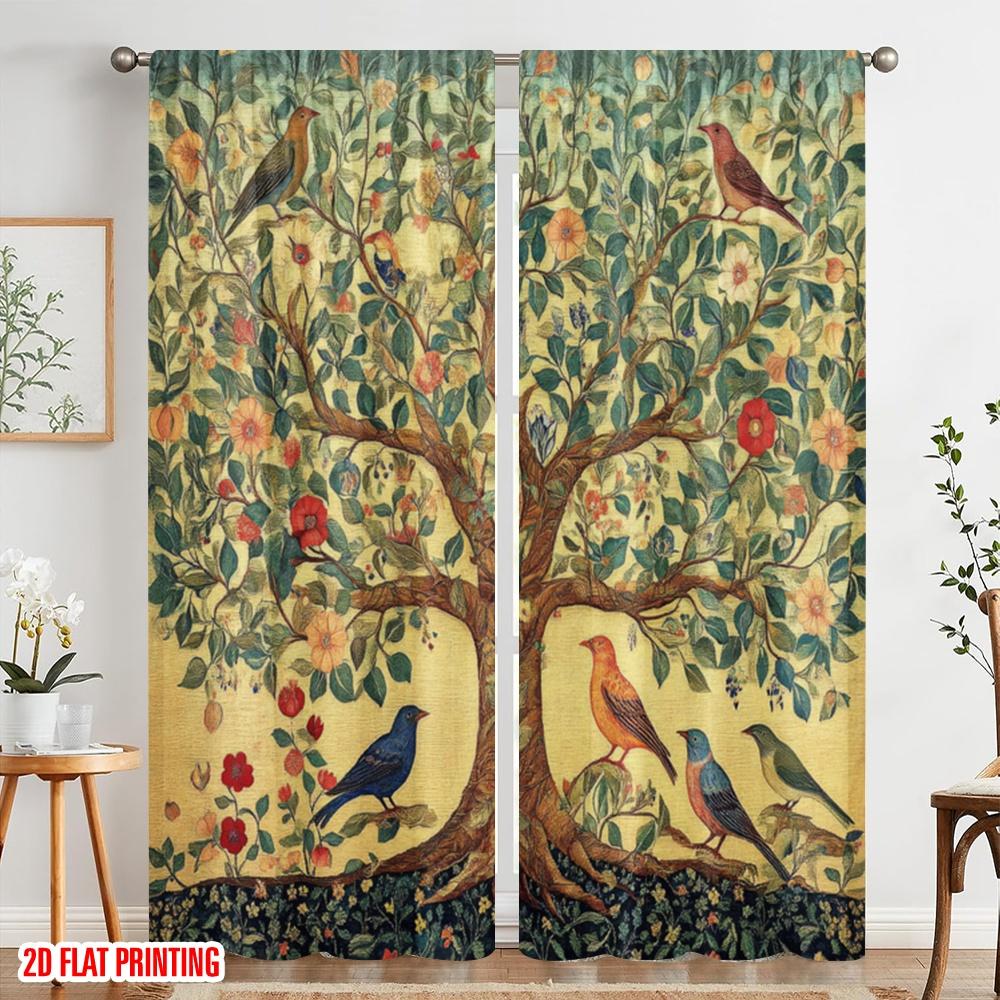 2pcs,2D Plane Printing Curtain Fabric Birdsong Blossom Polyester (without Rod) Room Decor Perfect for Living Room & Kitchen