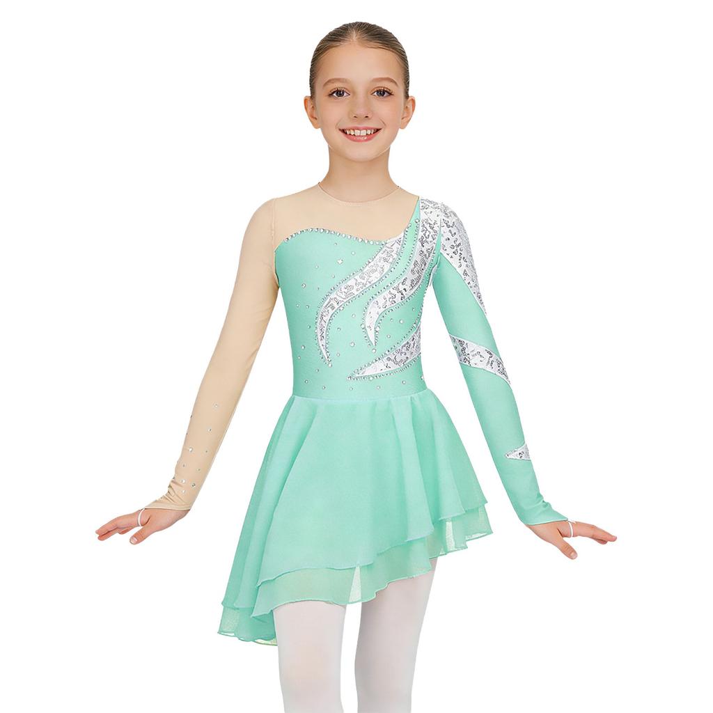 Girls Long Sleeve Dance Dress Shiny Sequins Decorated Patchwork Style Hollow Back Dresses