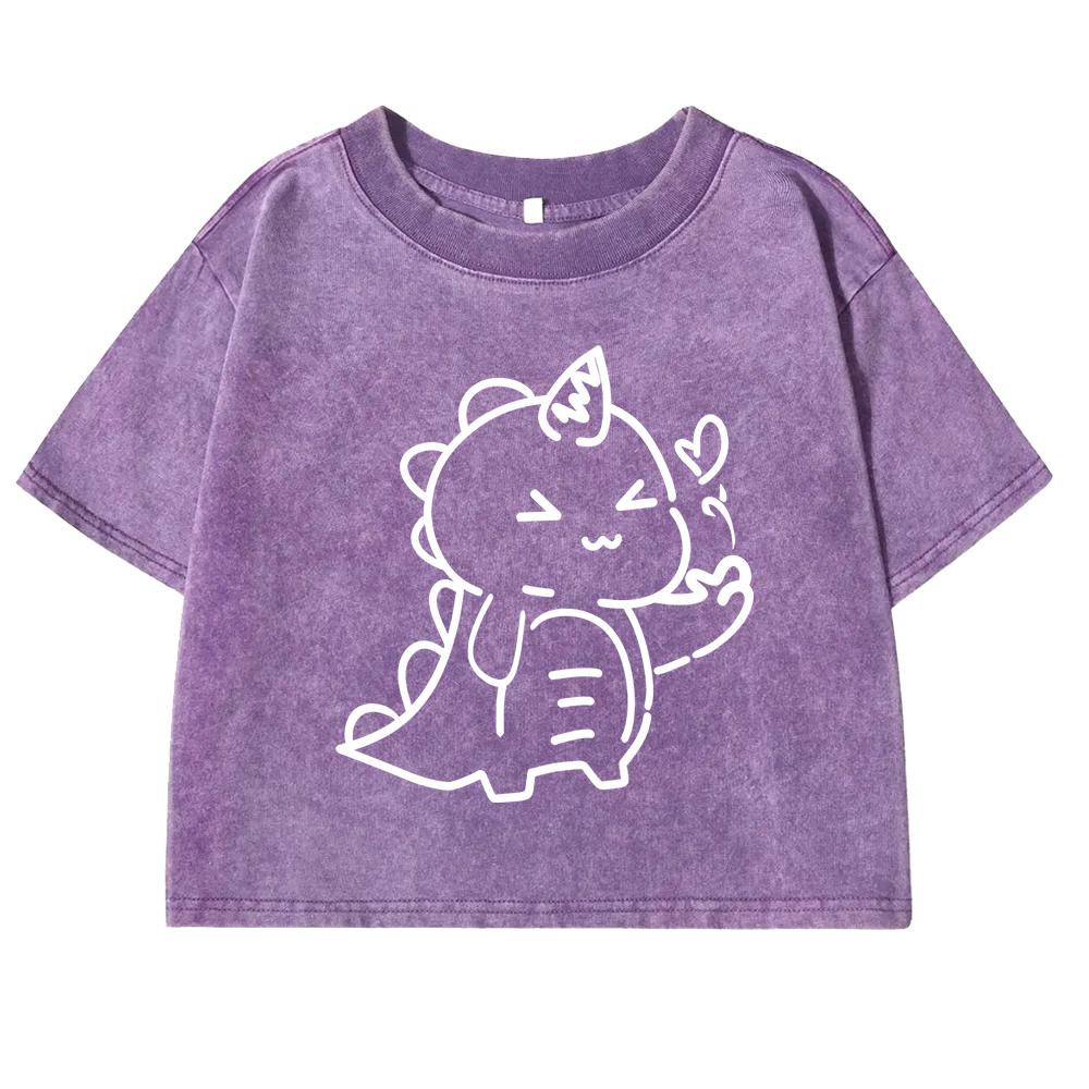 Love Dinosaur Print Retro Tee Shirt Women Casual Washed T Shirts Cotton Street Crop Tees Short Sleeve For Female