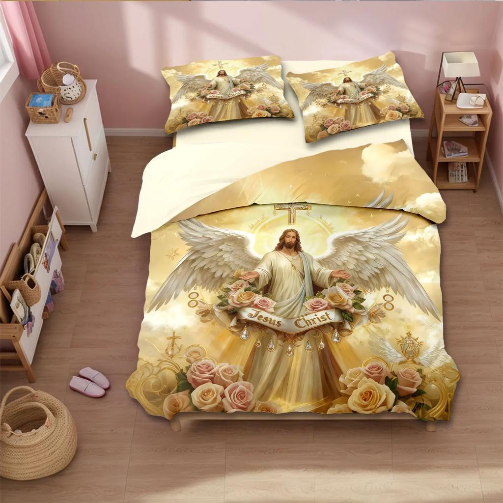 Set di biancheria da letto a tema Gesù in poliestere stampato, 3 pezzi, morbido e confortevole, disponibile in diverse misure e lavabile in lavatrice